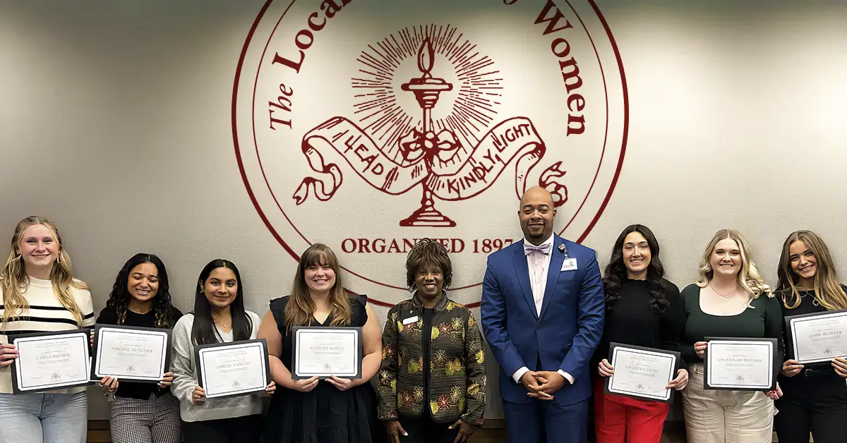 The 2024 LCW scholarship recipients with LCW President Vanessa McClary and IU Health South Central Region President Denzil Ross at the LCW Annual Meeting.